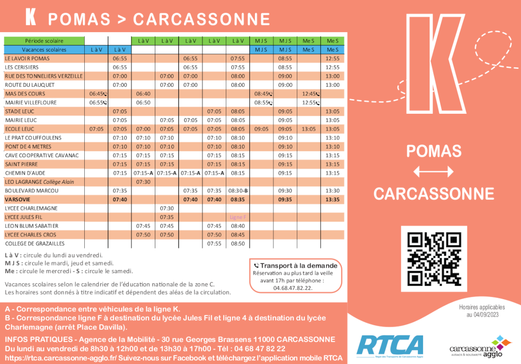 RTCA horaires matin ligne K