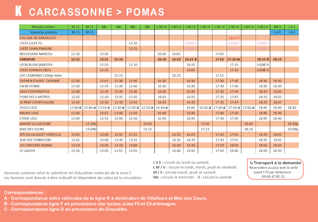 RTCA horaires soir ligne K