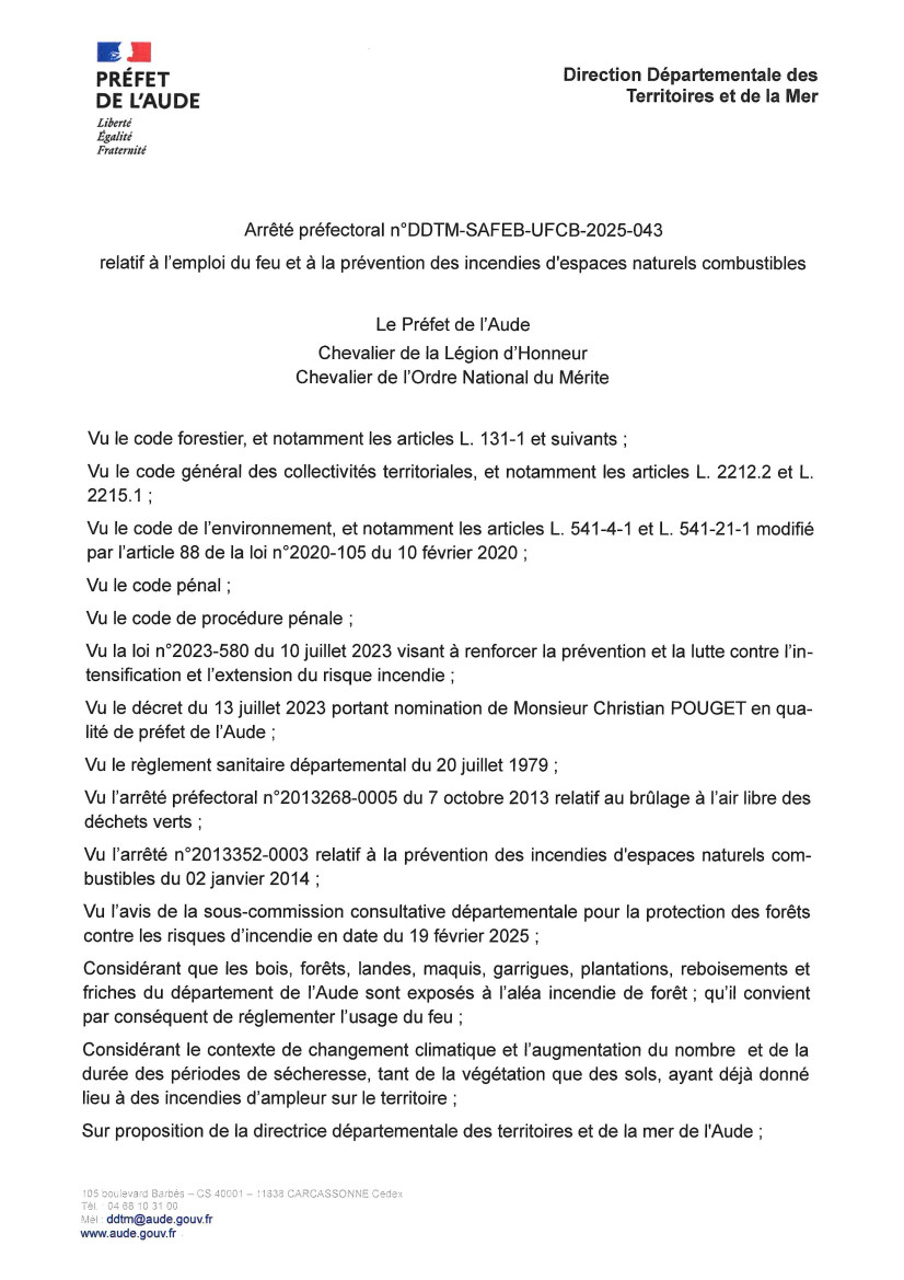 15 04 2025 arrete prefectoral emploi du feu et prevention des incendie
