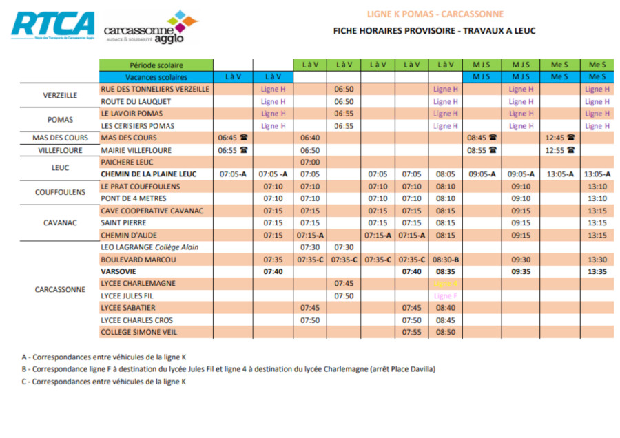 Ligne K horaires provisoires travaux